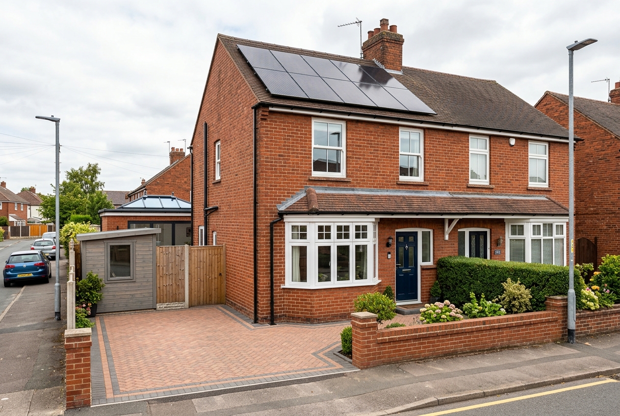 British home showing solar panels, block paving, bay window, garden office and extension