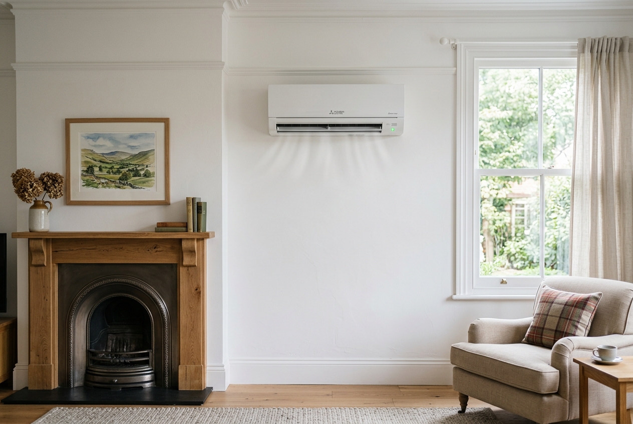 Mitsubishi split air conditioning in British living room