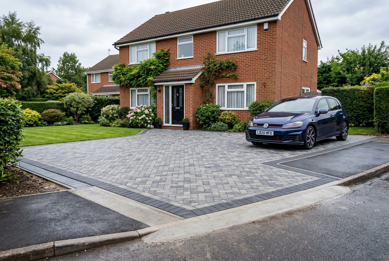 Block paved driveway on British home