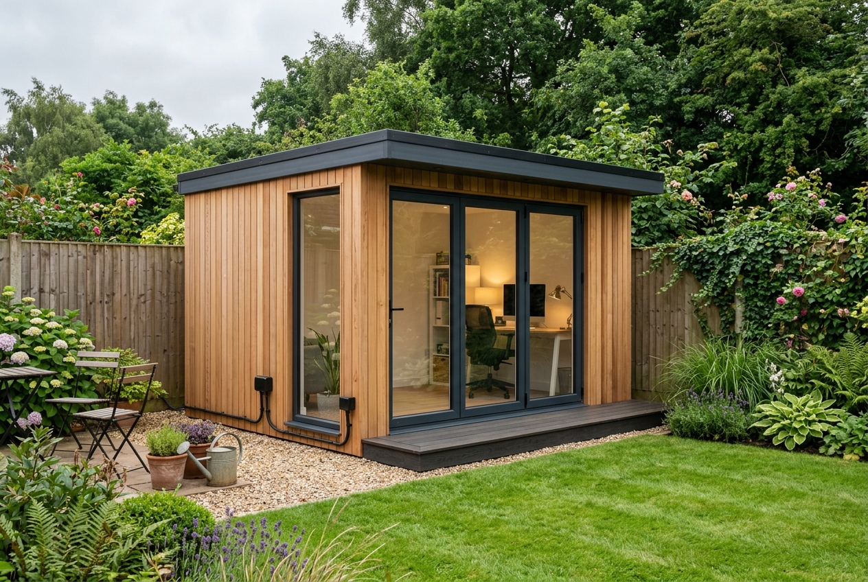 Insulated garden office cabin in British garden