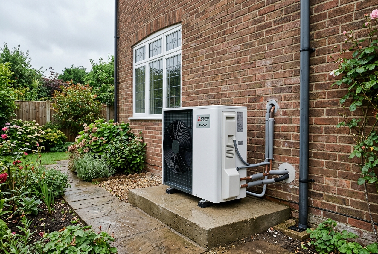 Air source heat pump installed beside British house