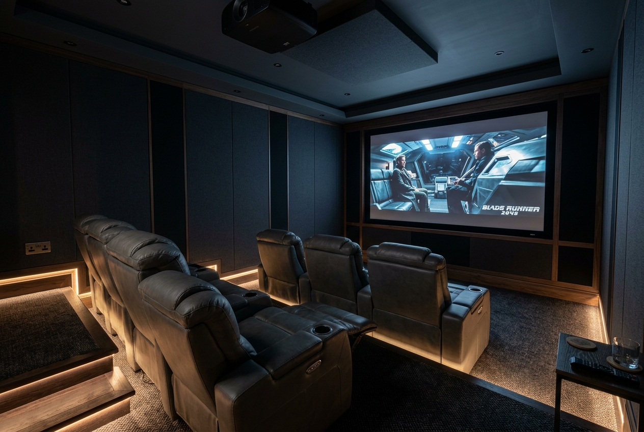 Home cinema room with recliner seats and projector screen