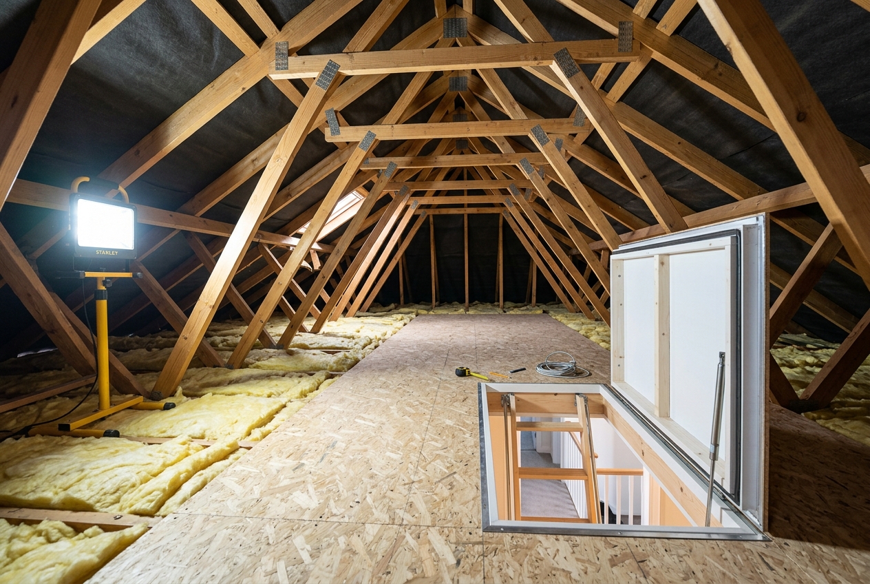 Freshly boarded loft with insulation
