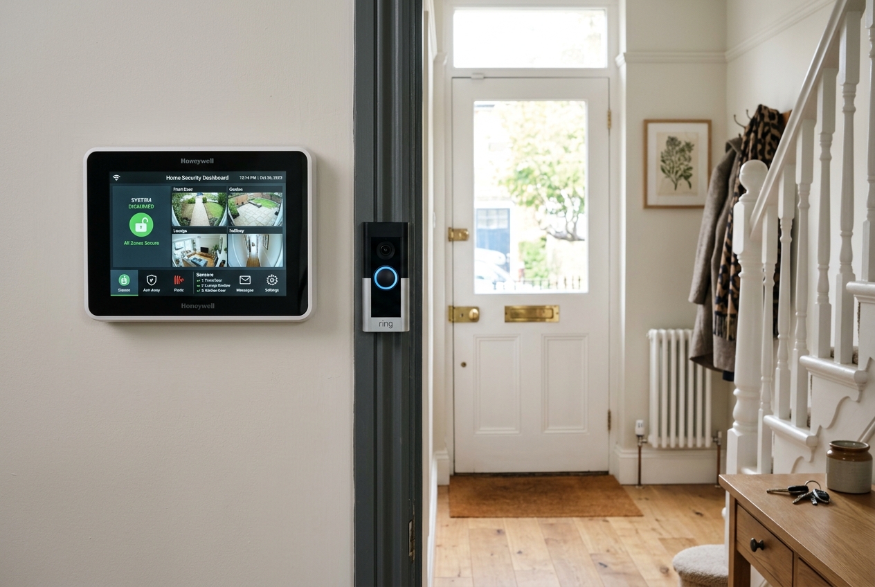 Smart home security panel and Ring doorbell in British hallway